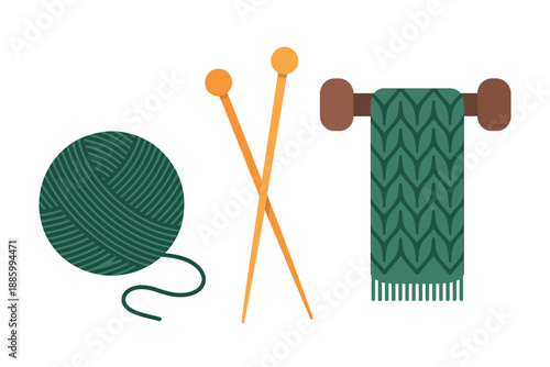 Green yarn ball, knitting needles, and scarf on wooden dowel, knitting tools and accessories