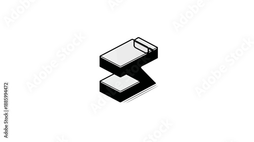 Isometric view of a stylized three-dimensional shape with grey surfaces and black outlines