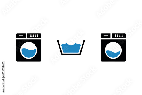 Washing machine and basin icons, laundry symbols, cleaning signs, household appliances, blue and black