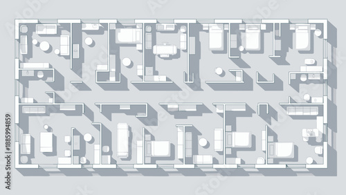 Architectural floor plan of a building with multiple rooms and corridors detailed design.