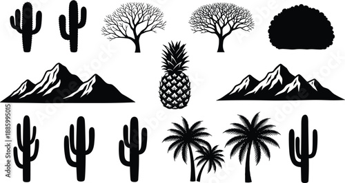 Collection of Desert Nature Silhouettes, Featuring Cactus, Mountains, Palm Trees, and Pineapple Isolated on White Background for Design