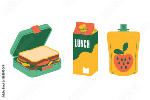 Colorful illustration of lunchbox, carton, and juice pouch with food items for meal