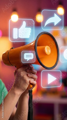 Social Media Marketing Concept: Hologram Megaphone with Thumbs Up and Chat Vertical Concept