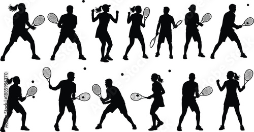 Collection of twelve professional tennis player silhouettes vector illustration in black and white minimalist style isolated on white background for design.