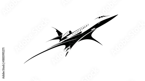 A stylized black and white illustration of a futuristic aircraft in flight with sleek lines