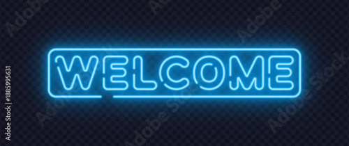 Blue neon vector sign showing Welcome word with soft glow. Friendly typography creates inviting atmosphere for entrances, websites, and digital platforms. Suitable for greeting visuals.