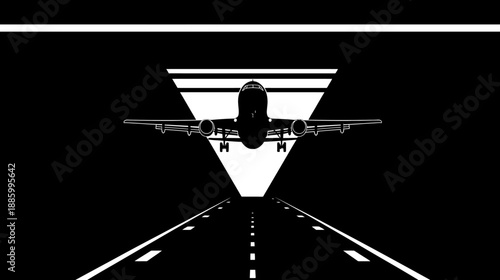 Black and white illustration of an airplane landing on a runway, silhouetted in a geometric design