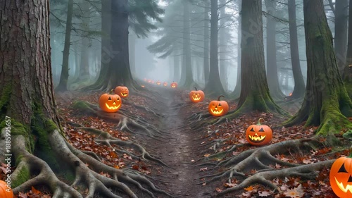 Haunted Forest Path: A mystical forest path, illuminated by glowing jack-o'-lanterns, winds its way through an enchanting autumn landscape, shrouded in a veil of mist.