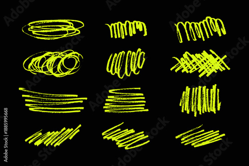 Hand drawn marker highlighters, underline, lines, sketch Handwritten notes for text, school board Yellow doodle elements collection Rough brush strokes isolated on black background Messy winding lines