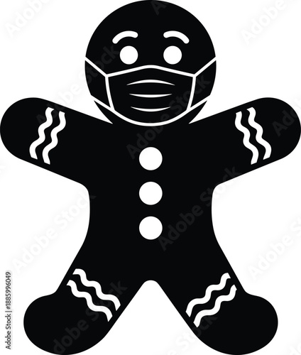 Gingerbread man wearing a medical face mask silhouette vector illustration in black and white minimalist style isolated on white background.