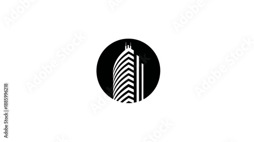 A tall skyscraper design, featuring an abstract, modern style encased within a black circle