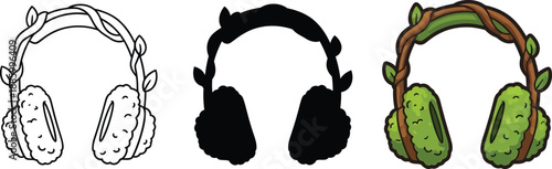 Nature-inspired headphones set showcasing outline, silhouette, and colored versions of earthy audio gear isolated on white background, Vector