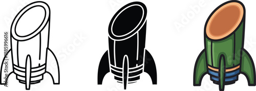 Illustration of a stylized rocket or mortar launcher in various design styles isolated on white background, Vector