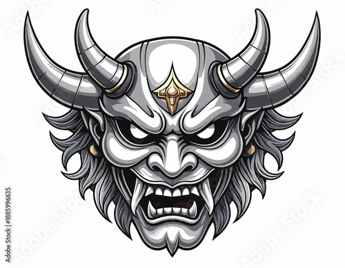 Silver metallic Oni or Hannya mask illustration with prominent horns and fangs. Traditional Japanese theater and folklore demon mask. Detailed vector graphic for art and culture.