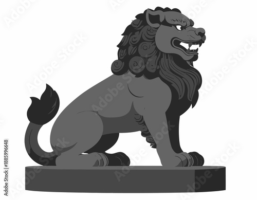 Menacing Komainu statue illustration from a side profile. Snarling guardian lion-dog protecting sacred spaces. Detailed flat vector representing Japanese cultural mythology.