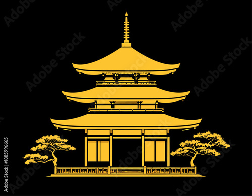 Golden silhouette of a traditional five-story Japanese pagoda on a black background. Symbol of peace, spiritual wisdom, and classic Asian architecture. Elegant vector art.