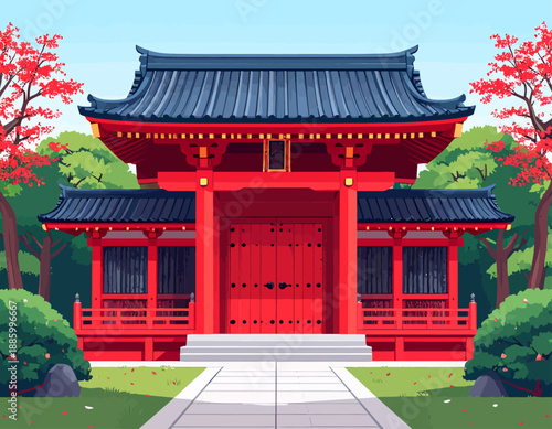 Traditional Japanese temple building with red walls and blue tiled roof. Classic architecture reflecting Shinto or Buddhist influence. Detailed vector illustration of a cultural landmark.