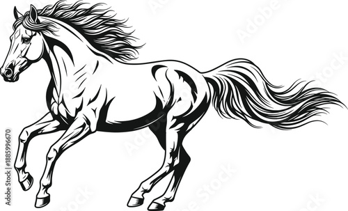 Running Horse Vector Illustration, Black and White Sketch of Galloping Stallion, Wild Mustang with Flowing Mane Isolated on White Background