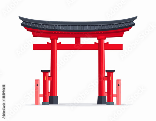 Red Shinto Torii gate illustration isolated on white. Sacred entrance to a Japanese shrine symbolizing the transition from the mundane to the sacred. Minimalist flat vector design.