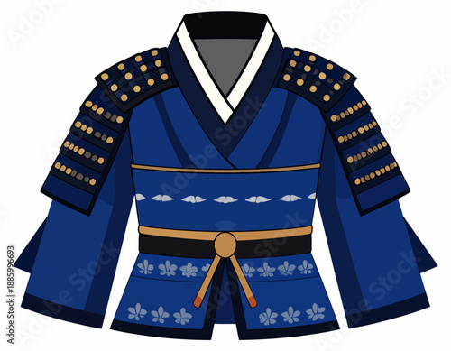 Traditional Japanese samurai armor or kimono vest illustration. Blue and gold ceremonial attire representing feudal Japan's military history and craftsmanship. Flat vector design.