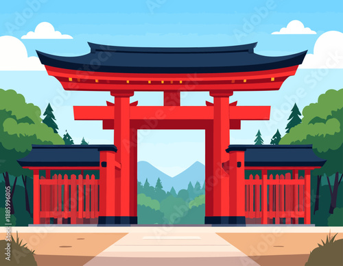 A vibrant red Japanese torii gate stands majestically amidst lush green trees and distant mountains under a clear blue sky, with a path leading towards it.