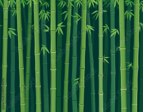 Lush green bamboo forest with tall, slender stalks and delicate leaves creating a serene natural background.
