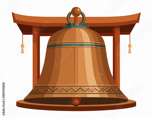 Large ornate bronze bell suspended from a traditional wooden frame, depicting an East Asian cultural or religious artifact.