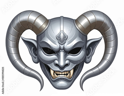 Detailed illustration of a metallic silver horned demon mask with sharp fangs and pointed ears, featuring a menacing expression.