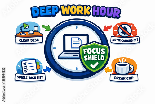 Deep work hour infographic with focus shield, notifications off and single task setup