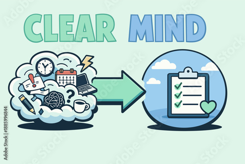 Clear mind concept with stress chaos cloud transforming into calm checklist