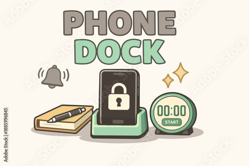 Phone dock typography with locked smartphone stand, timer and focus routine