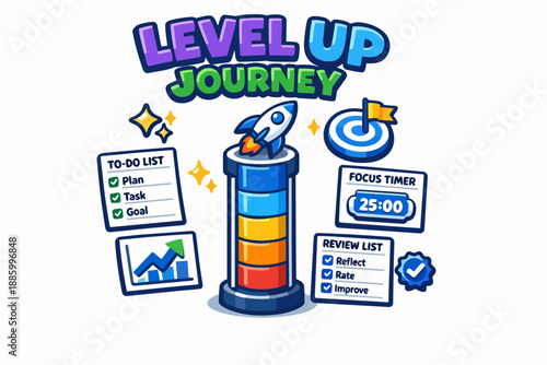 Level up journey infographic with to do list, focus timer, review list and progress chart
