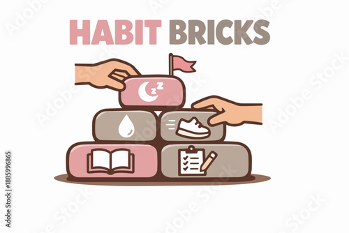 Habit bricks typography with building blocks for sleep, hydration, exercise, reading and planning