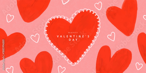 Romantic banner with hearts in scenic watercolor style with white curly frame, for social media header and background for Valentine's Day advertising, vector illustration