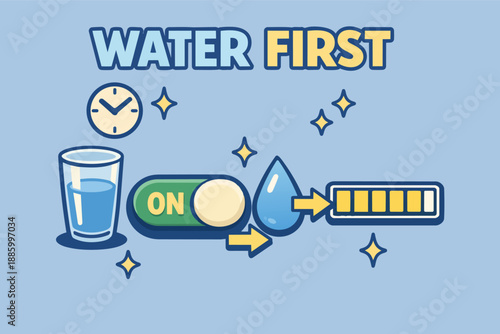 Water first hydration reminder with glass, droplet and progress bar