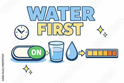 Water first hydration reminder with glass, droplet and progress bar