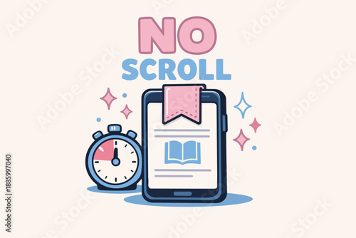 No scroll digital wellbeing concept with reading app, bookmark and stopwatch