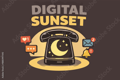 Digital sunset concept with retro telephone and muted notifications at night