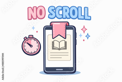 No scroll digital wellbeing concept with reading app, bookmark and stopwatch