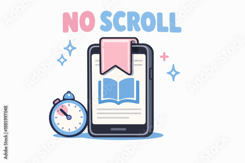 No scroll digital wellbeing concept with reading app, bookmark and stopwatch