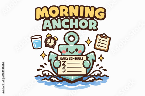 Morning routine anchor character with daily schedule water and checklist
