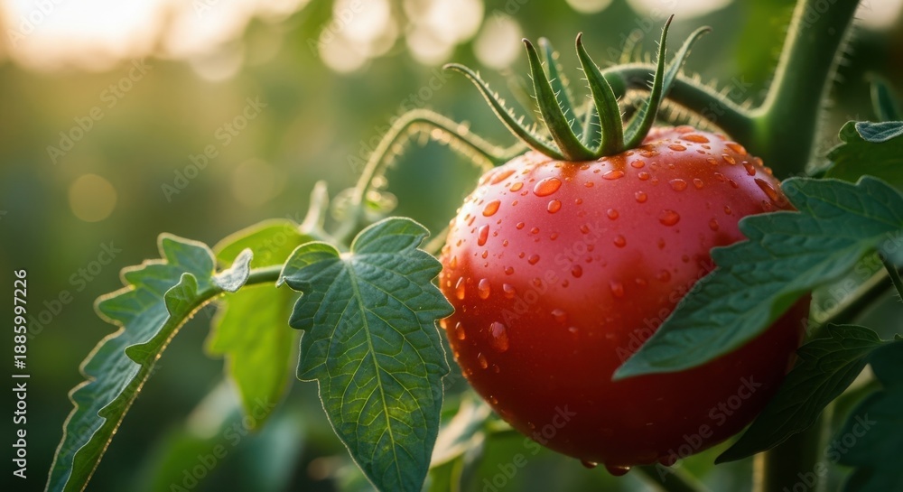 Obraz premium Fresh Red Tomato with Water Droplets on Vine in Sunlight