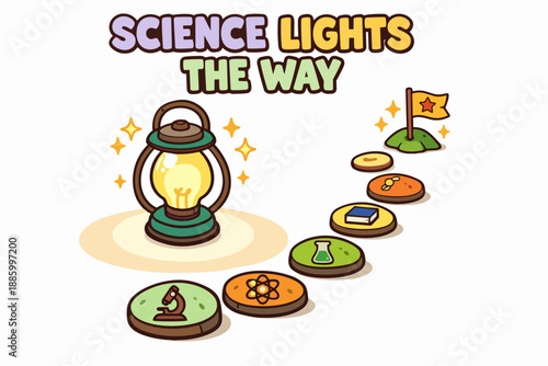 Science learning path illustration with lantern, microscope, atom, and goal flag