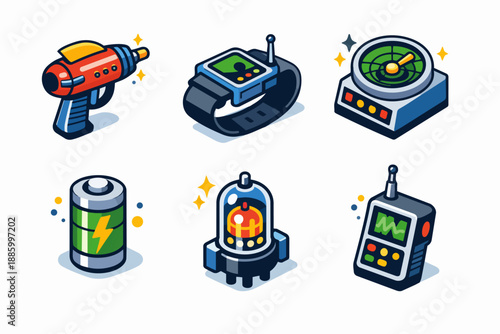 Retro futurism technology icon set with ray gun, radar watch, battery power core, and handheld radio