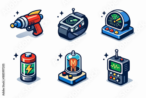 Retro futurism gadget icon set with ray gun, radar watch, battery, and scanner