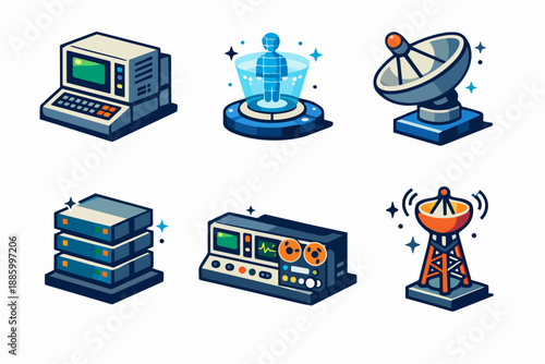 Retro futurism laboratory equipment icon set with medical scanner DNA and research devices