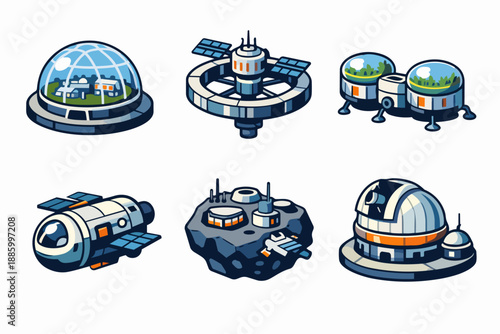 Space colony elements with biodome habitat, orbital station and asteroid base
