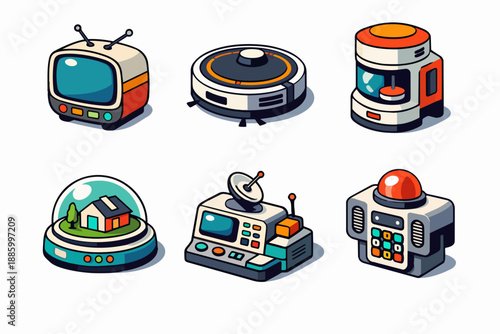 Retro futurism home technology icon set with television robot vacuum and control devices