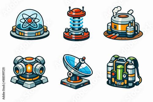 Retro futurism survival equipment icon set with futuristic backpack energy system