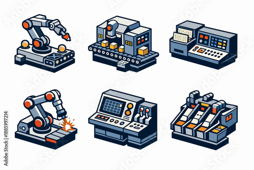 Industrial automation machines with robotic arm, conveyor line and control consoles